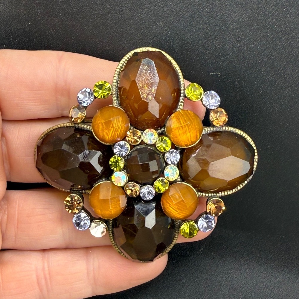 Vintage Rhinestone Brooch Brown Orange Gold Tone Statement Pin
